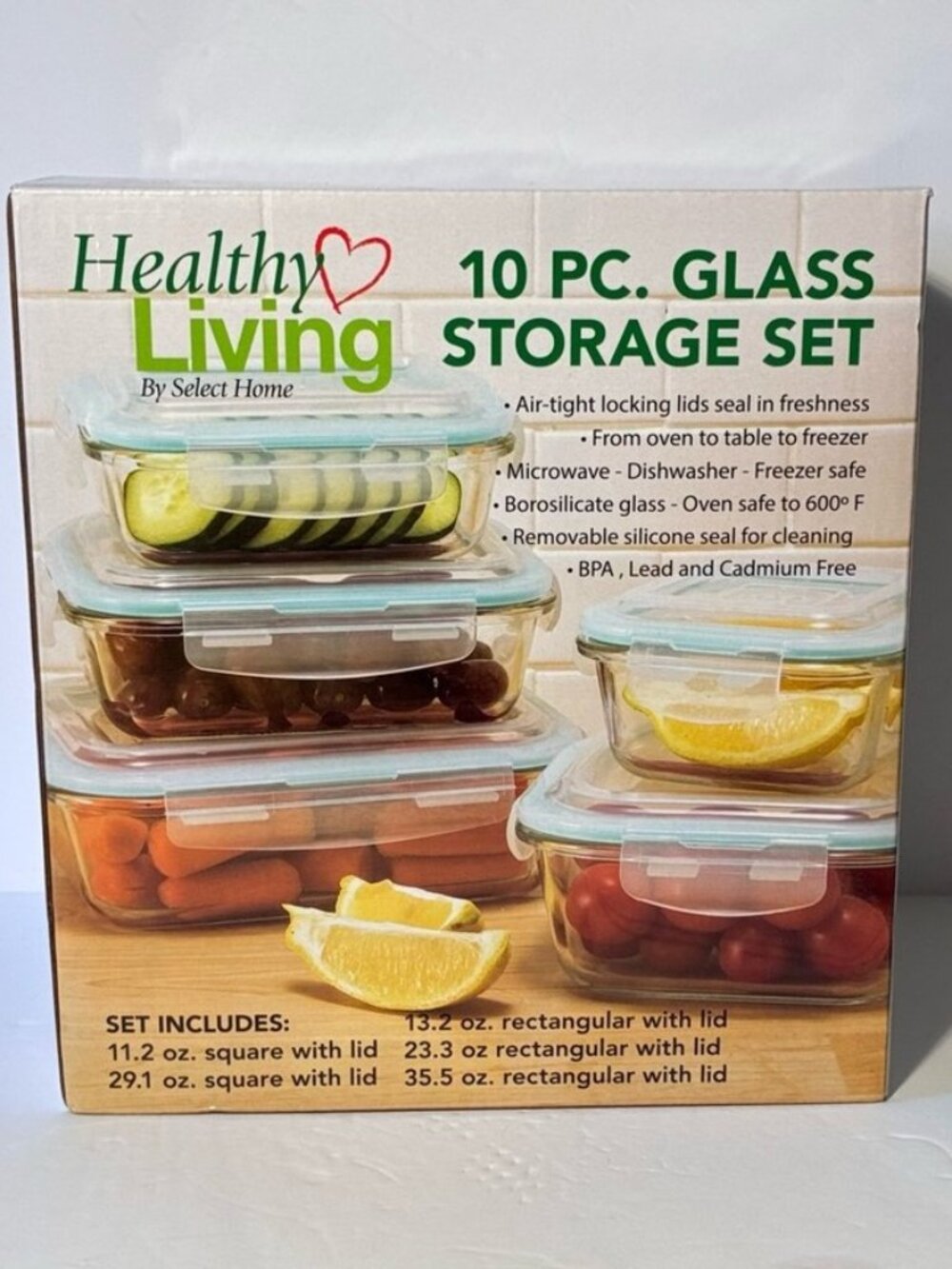 NIB Healthy Living 10 Pc Glass Food Storage Container Set Airtight Lids BPA Free